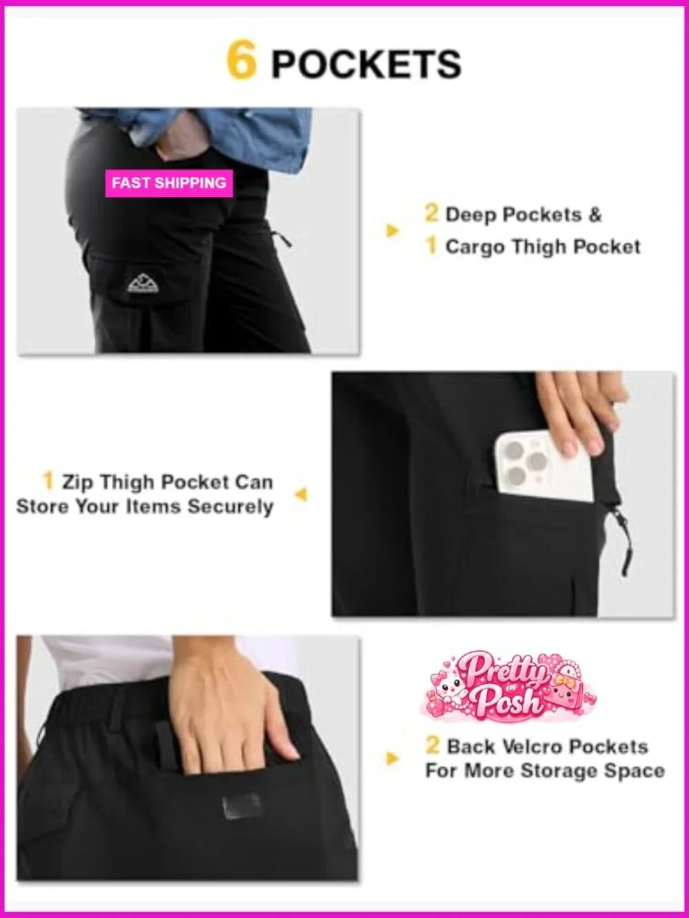 Women's Hiking Cargo Pants Water Resistant Quick Dry Lightweight 6 Pockets